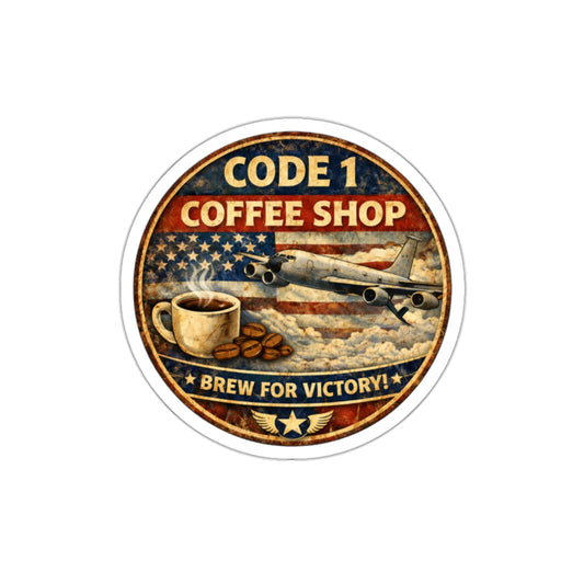 Code 1 Coffee Shop Sticker — Vintage Military Plane & American Flag Die-Cut Sticker, “Brew for Victory”